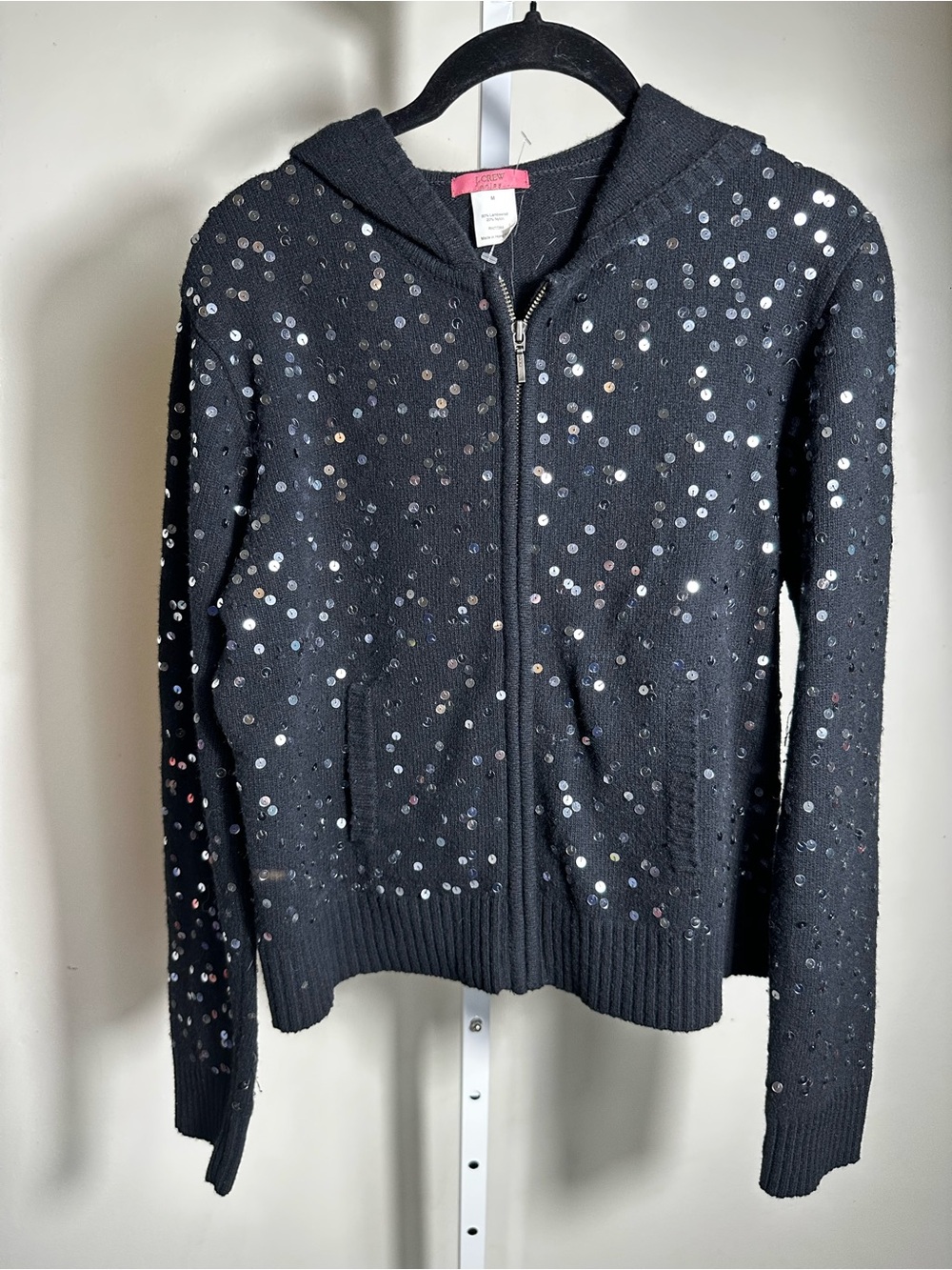 045. Vintage J. Crew Gallery Black Sequin Lambswool Zip Hoodie Cardigan